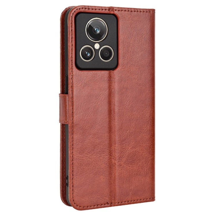 For Realme GT2 Explorer Master 5G TPU+PU Leather Wallet Phone Cover Crazy Horse Texture Stand Phone Shell with Strap - Brown