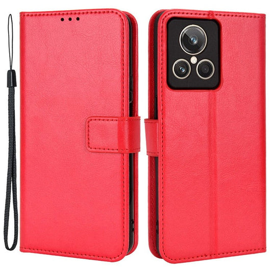 For Realme GT2 Explorer Master 5G TPU+PU Leather Wallet Phone Cover Crazy Horse Texture Stand Phone Shell with Strap - Red