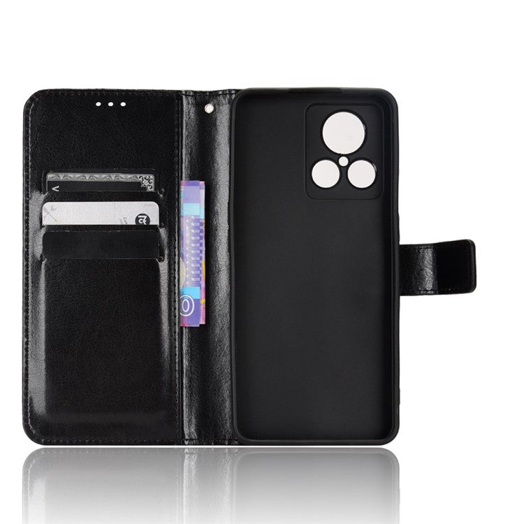 For Realme GT2 Explorer Master 5G TPU+PU Leather Wallet Phone Cover Crazy Horse Texture Stand Phone Shell with Strap - Black