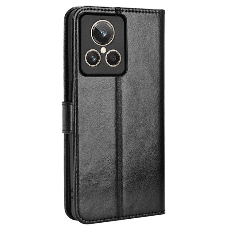 For Realme GT2 Explorer Master 5G TPU+PU Leather Wallet Phone Cover Crazy Horse Texture Stand Phone Shell with Strap - Black