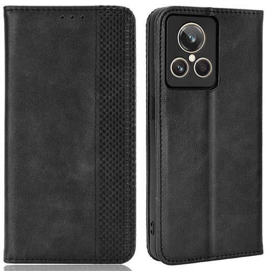 For Realme GT2 Explorer Master 5G Anti-scratch Vintage PU Leather+TPU Phone Case Auto Absorbed Shell with Stand Wallet - Black