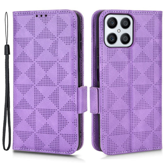 For Honor X8 5G Triangle Pattern Imprinted Flip Stand Wallet Leather Phone Case Shockproof Cover with Strap - Purple