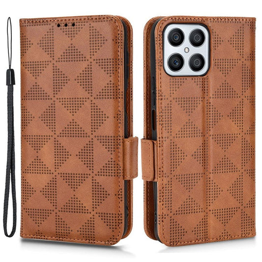 For Honor X8 5G Triangle Pattern Imprinted Flip Stand Wallet Leather Phone Case Shockproof Cover with Strap - Brown