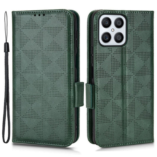 For Honor X8 5G Triangle Pattern Imprinted Flip Stand Wallet Leather Phone Case Shockproof Cover with Strap - Green