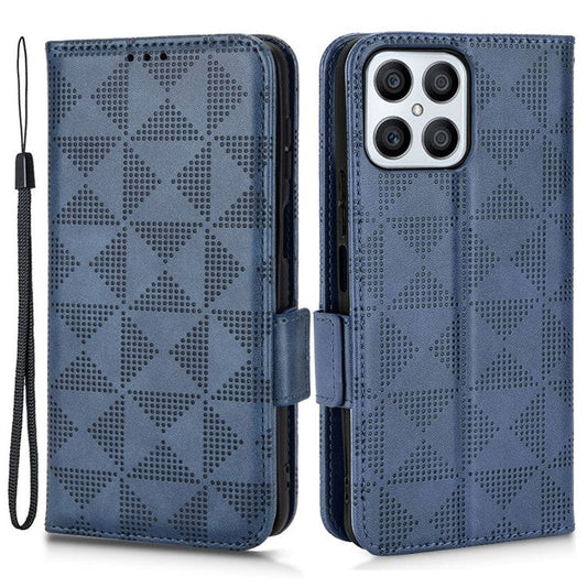 For Honor X8 5G Triangle Pattern Imprinted Flip Stand Wallet Leather Phone Case Shockproof Cover with Strap - Blue