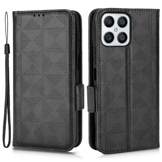 For Honor X8 5G Triangle Pattern Imprinted Flip Stand Wallet Leather Phone Case Shockproof Cover with Strap - Black