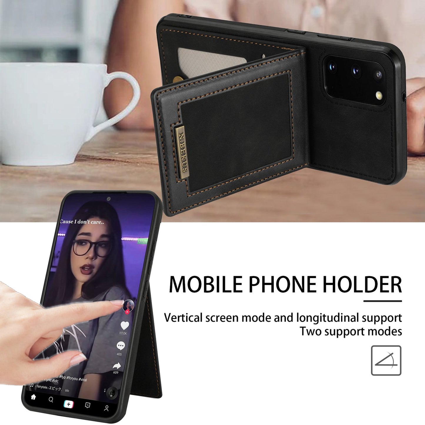 N.BEKUS Anti-fall Phone Case For Samsung Galaxy S20 FE / S20 FE 5G / S20 FE 2022 / S20 Lite, Vertical Card Holder Kickstand PU Leather+TPU RFID Blocking Phone Cover - Black