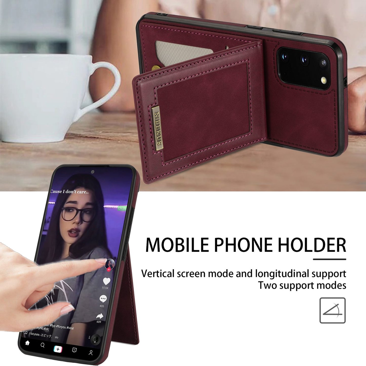N.BEKUS Anti-fall Phone Case For Samsung Galaxy S20 FE / S20 FE 5G / S20 FE 2022 / S20 Lite, Vertical Card Holder Kickstand PU Leather+TPU RFID Blocking Phone Cover - Wine Red