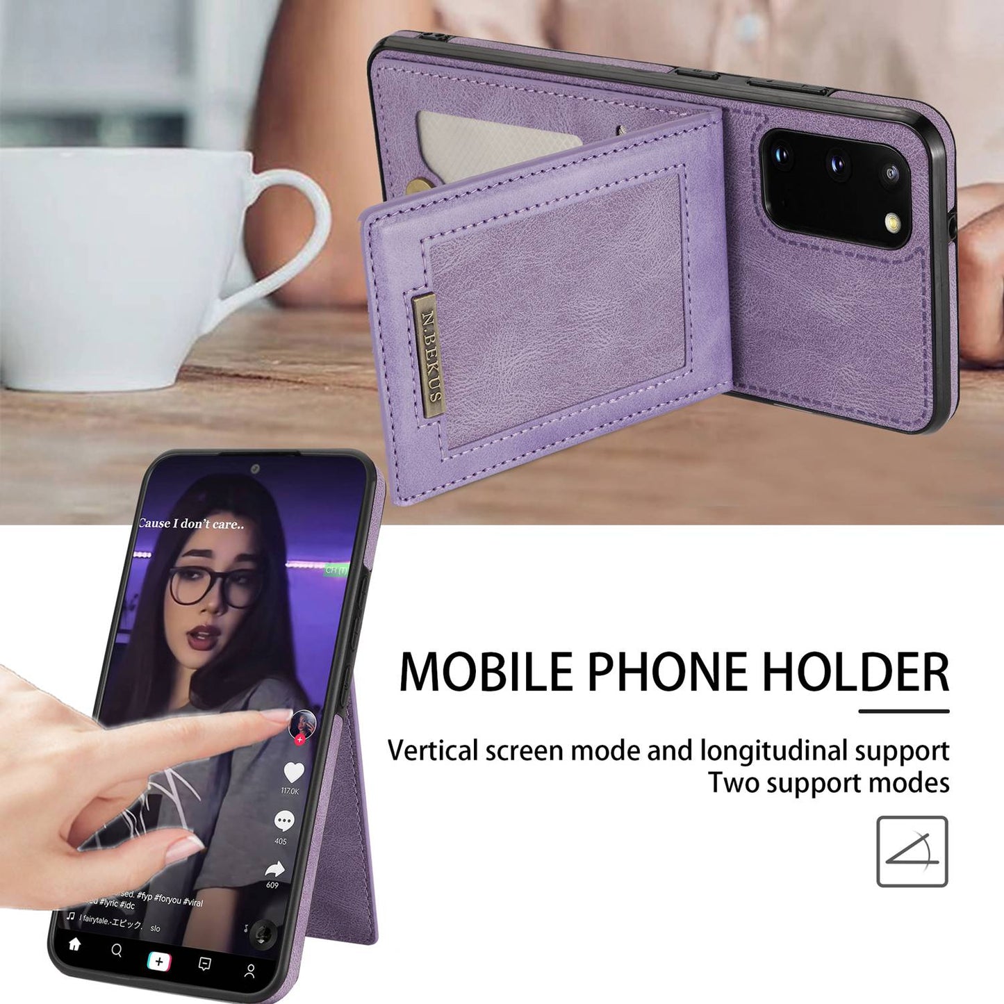 N.BEKUS Anti-fall Phone Case For Samsung Galaxy S20 FE / S20 FE 5G / S20 FE 2022 / S20 Lite, Vertical Card Holder Kickstand PU Leather+TPU RFID Blocking Phone Cover - Purple