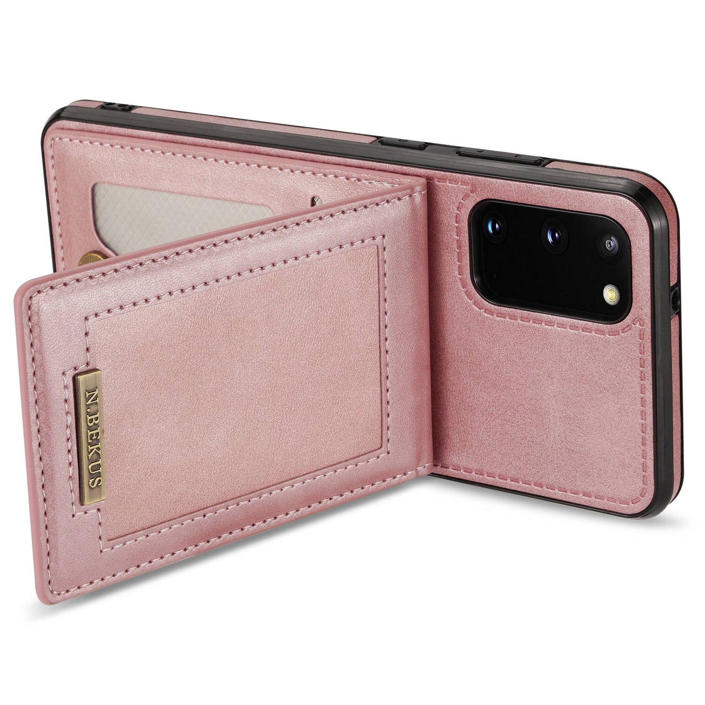 N.BEKUS Anti-fall Phone Case For Samsung Galaxy S20 FE / S20 FE 5G / S20 FE 2022 / S20 Lite, Vertical Card Holder Kickstand PU Leather+TPU RFID Blocking Phone Cover - Rose Gold