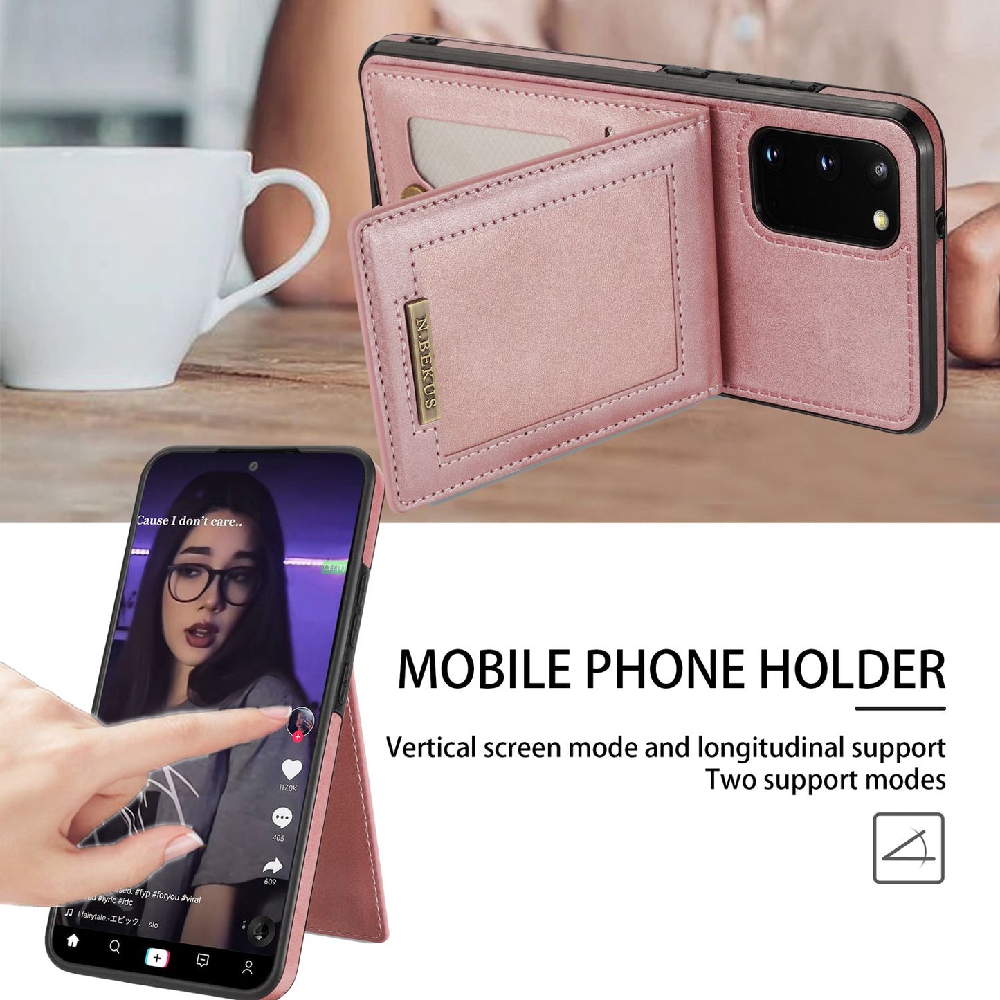 N.BEKUS Anti-fall Phone Case For Samsung Galaxy S20 FE / S20 FE 5G / S20 FE 2022 / S20 Lite, Vertical Card Holder Kickstand PU Leather+TPU RFID Blocking Phone Cover - Rose Gold