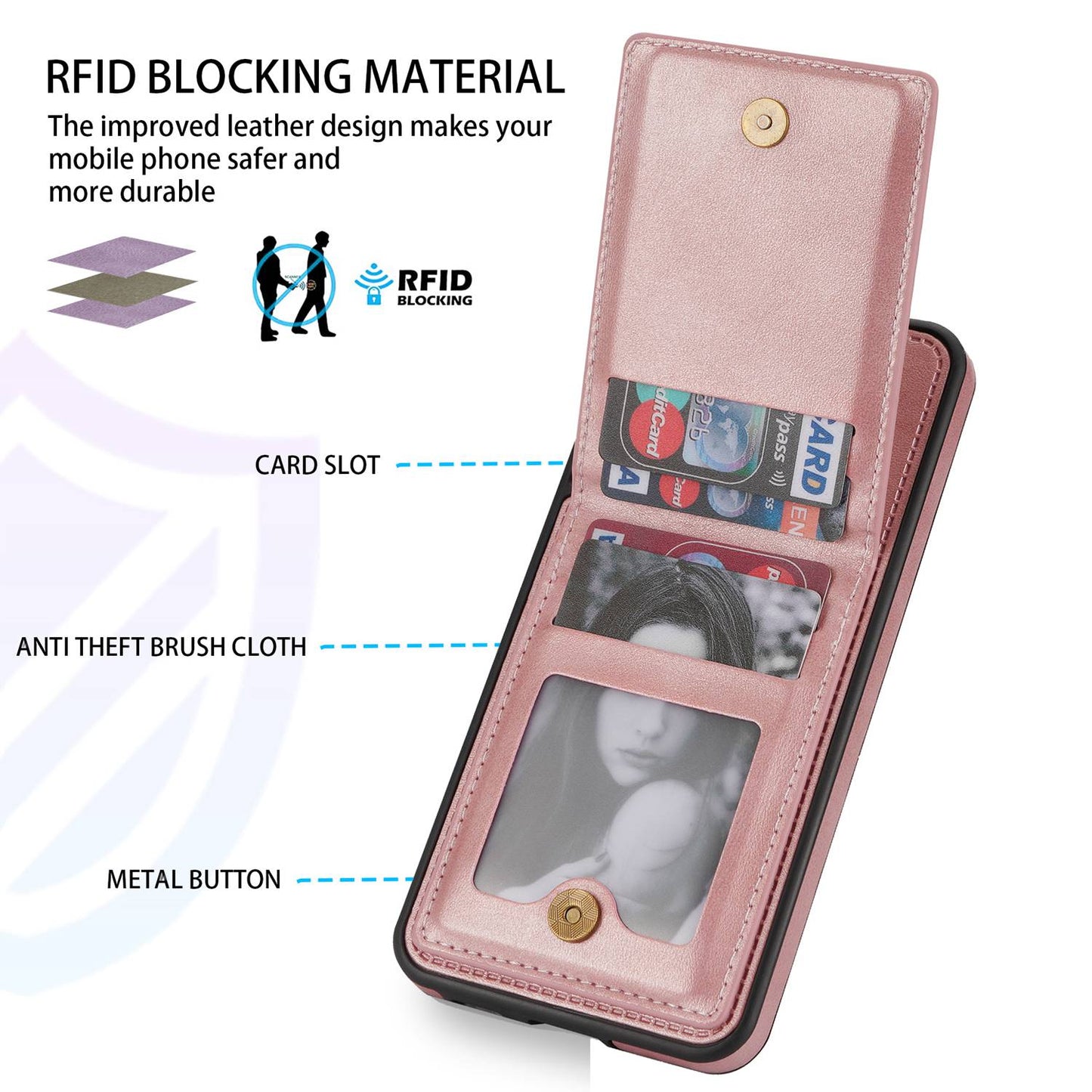 N.BEKUS Anti-fall Phone Case For Samsung Galaxy S20 FE / S20 FE 5G / S20 FE 2022 / S20 Lite, Vertical Card Holder Kickstand PU Leather+TPU RFID Blocking Phone Cover - Rose Gold