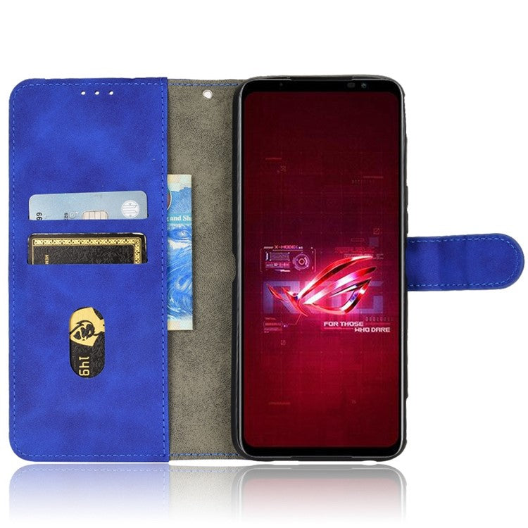 Skin-Touch Feeling Phone Cover for Asus ROG Phone 6 5G, PU Leather Magnetic Clasp Stand Wallet Case - Blue