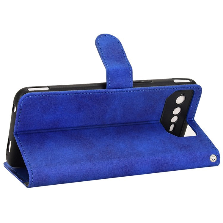 Skin-Touch Feeling Phone Cover for Asus ROG Phone 6 5G, PU Leather Magnetic Clasp Stand Wallet Case - Blue