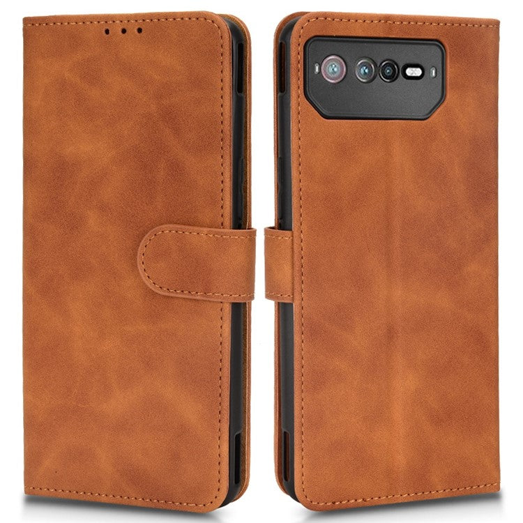 Skin-Touch Feeling Phone Cover for Asus ROG Phone 6 5G, PU Leather Magnetic Clasp Stand Wallet Case - Brown