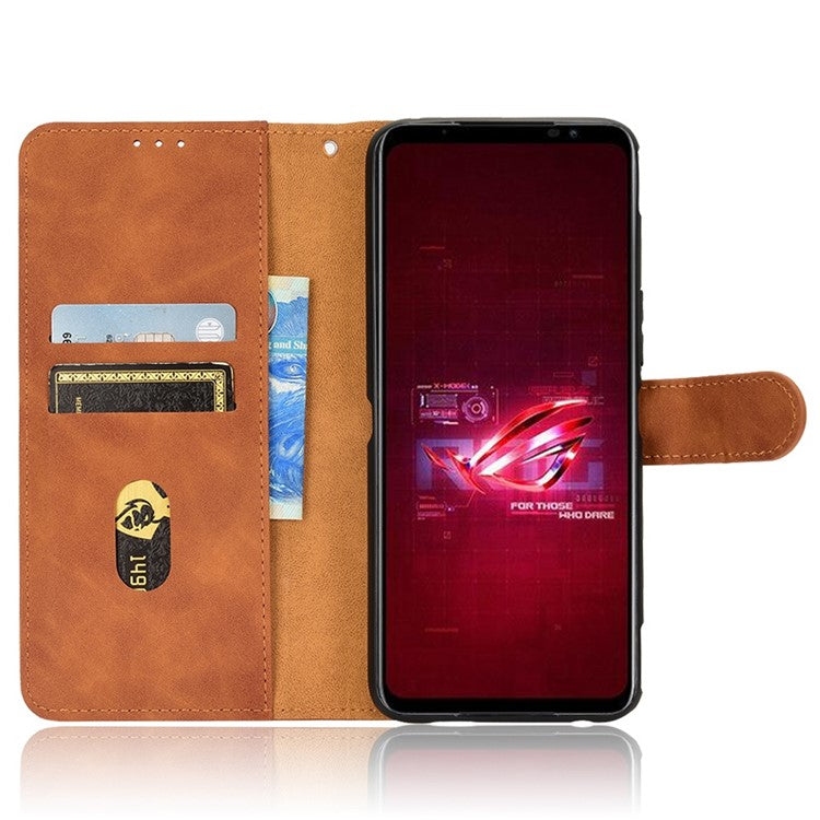 Skin-Touch Feeling Phone Cover for Asus ROG Phone 6 5G, PU Leather Magnetic Clasp Stand Wallet Case - Brown