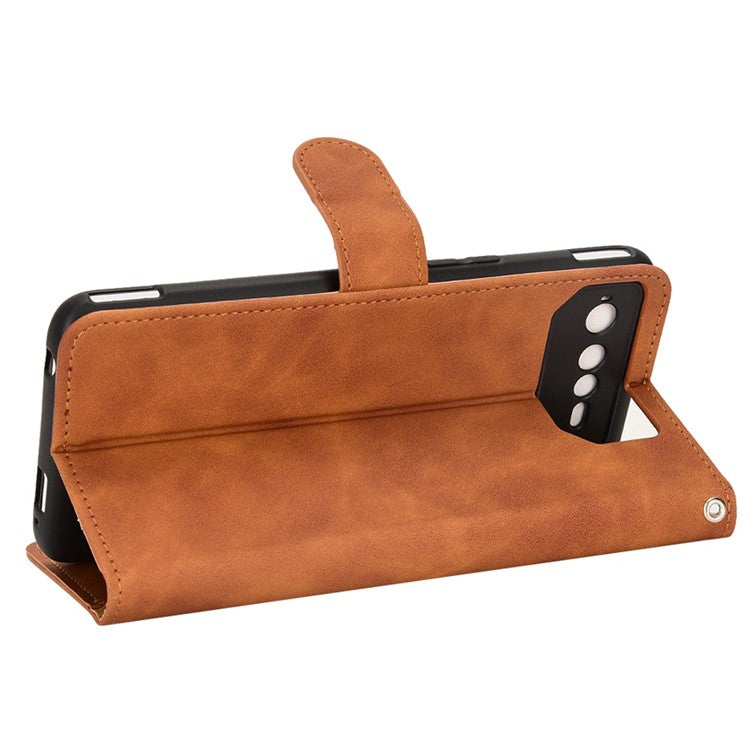 Skin-Touch Feeling Phone Cover for Asus ROG Phone 6 5G, PU Leather Magnetic Clasp Stand Wallet Case - Brown