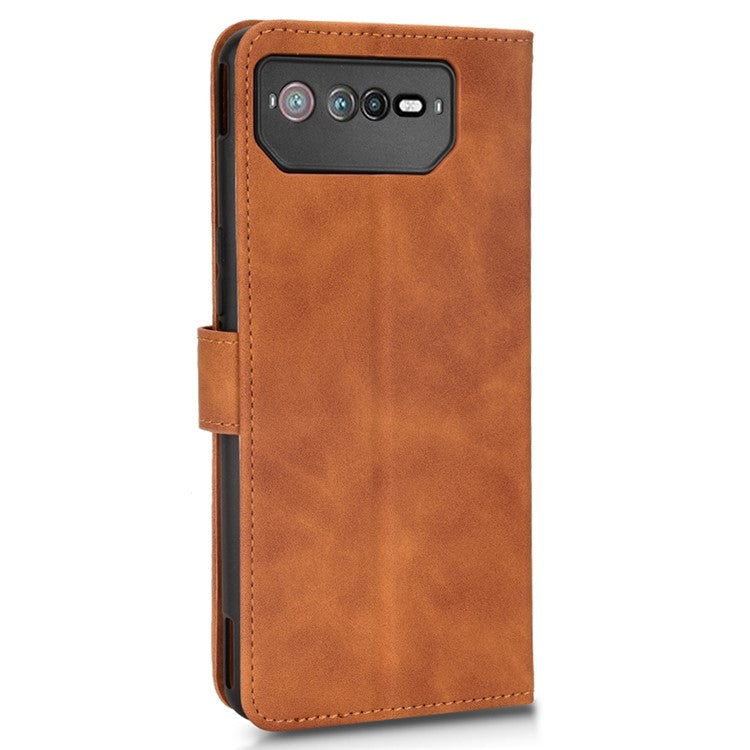 Skin-Touch Feeling Phone Cover for Asus ROG Phone 6 5G, PU Leather Magnetic Clasp Stand Wallet Case - Brown