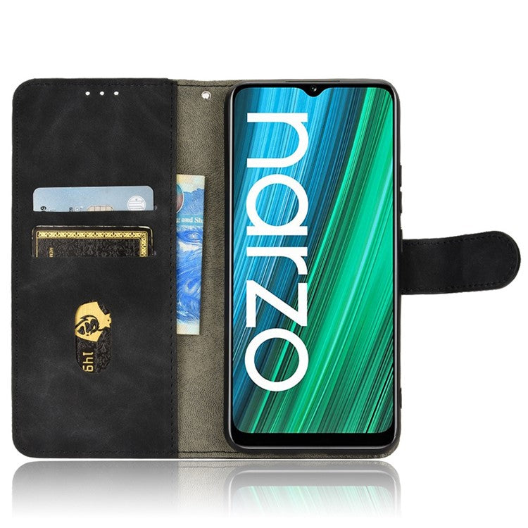 For Realme Narzo 50A Skin-Touch Feeling PU Leather Case Flip Folio Wallet Stand Phone Cover - Black