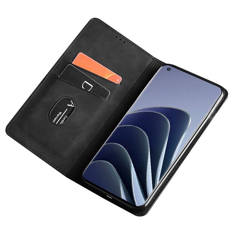 For OnePlus 10T 5G / Ace Pro 5G Skin-touch PU Leather Cover Stand Hidden Magnetic Adsorption Flip Card Slots Phone Case - Black