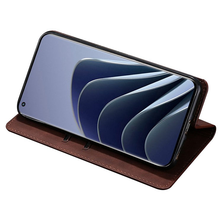 For OnePlus 10T 5G / Ace Pro 5G Skin-touch PU Leather Cover Stand Hidden Magnetic Adsorption Flip Card Slots Phone Case - Dark Brown