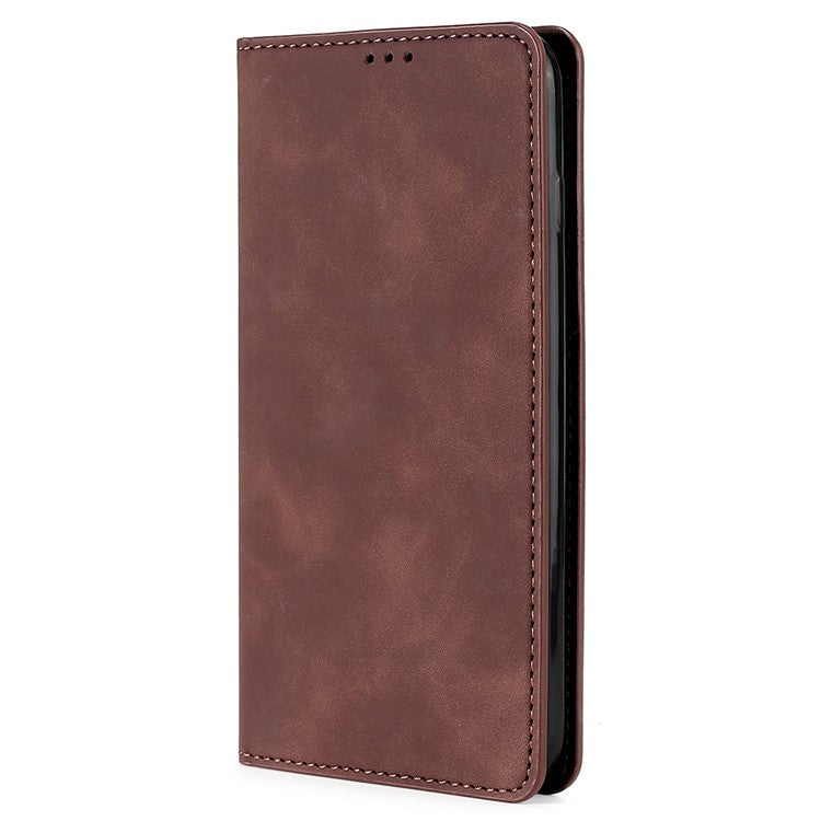 For OnePlus 10T 5G / Ace Pro 5G Skin-touch PU Leather Cover Stand Hidden Magnetic Adsorption Flip Card Slots Phone Case - Dark Brown