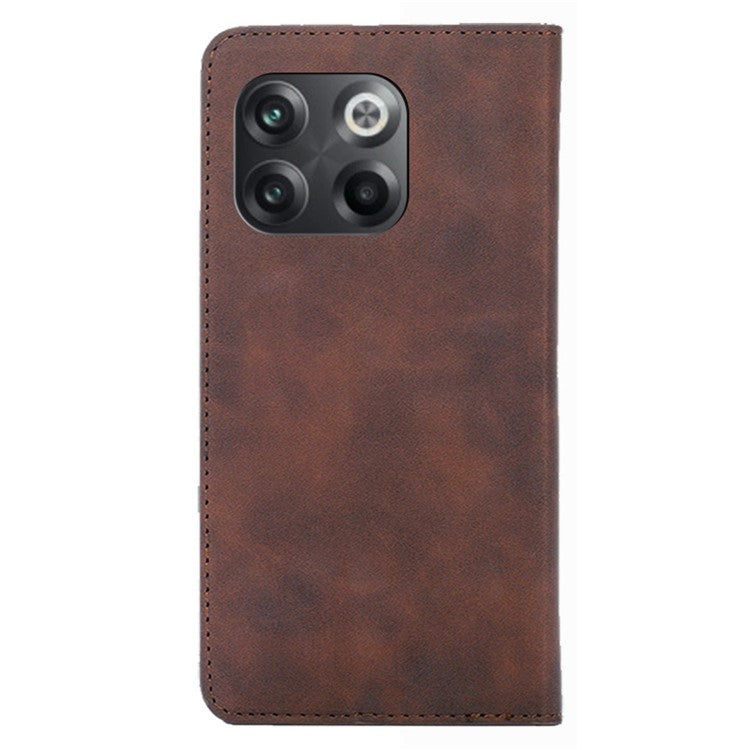 For OnePlus 10T 5G / Ace Pro 5G Skin-touch PU Leather Cover Stand Hidden Magnetic Adsorption Flip Card Slots Phone Case - Dark Brown