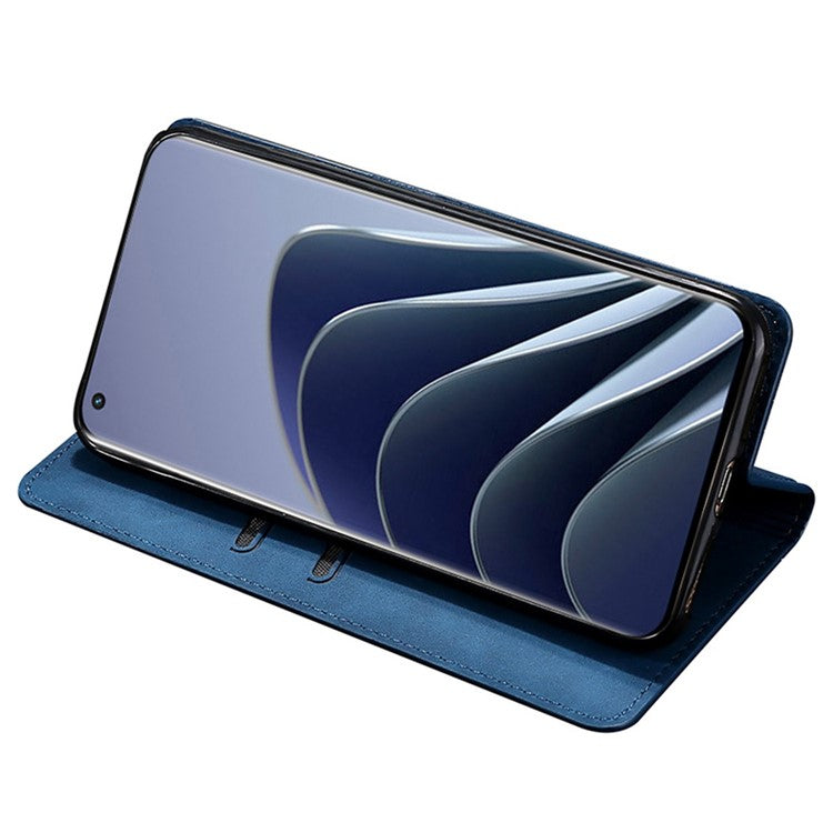 For OnePlus 10T 5G / Ace Pro 5G Skin-touch PU Leather Cover Stand Hidden Magnetic Adsorption Flip Card Slots Phone Case - Blue