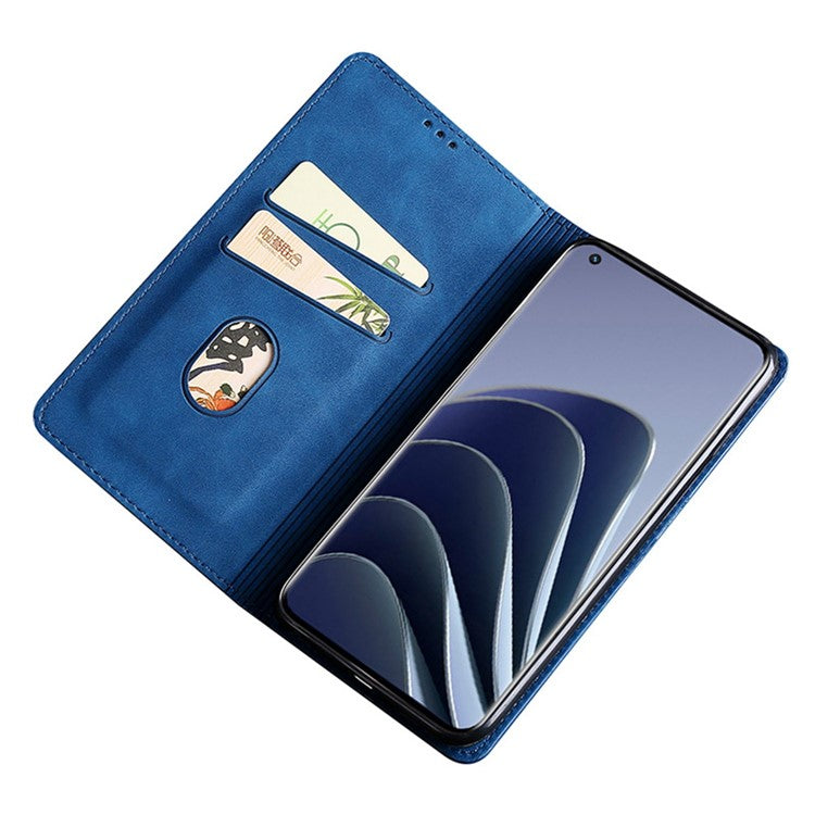 For OnePlus 10T 5G / Ace Pro 5G Skin-touch PU Leather Cover Stand Hidden Magnetic Adsorption Flip Card Slots Phone Case - Blue