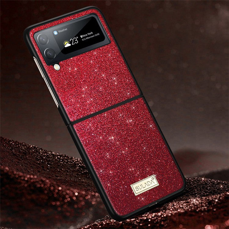 SULADA For Samsung Galaxy Z Flip4 5G Celebrities-Series Glitter Sequins Phone Cover Anti-scratch PU Leather Coated PC + TPU Hybrid Case - Red