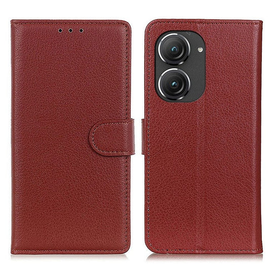For Asus Zenfone 9 5G Magnetic Clasp Phone Case Litchi Texture PU Leather Wallet Stand Protective Cover - Brown
