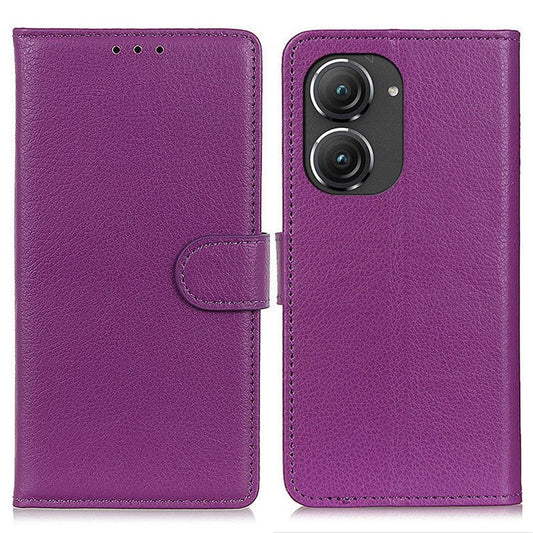 For Asus Zenfone 9 5G Magnetic Clasp Phone Case Litchi Texture PU Leather Wallet Stand Protective Cover - Purple