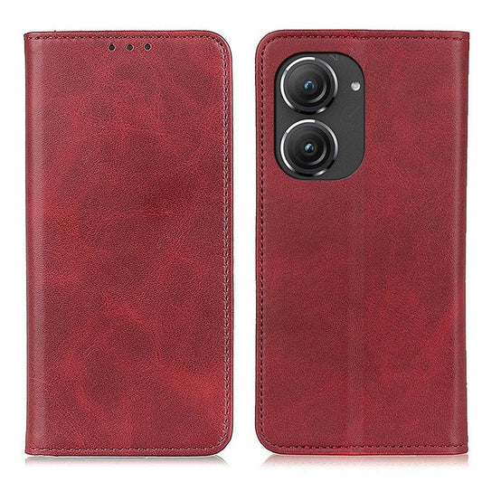 For Asus Zenfone 9 5G Magnetic Auto-absorbed Split Leather Phone Case Anti-drop Protection Stand Wallet Cover - Red