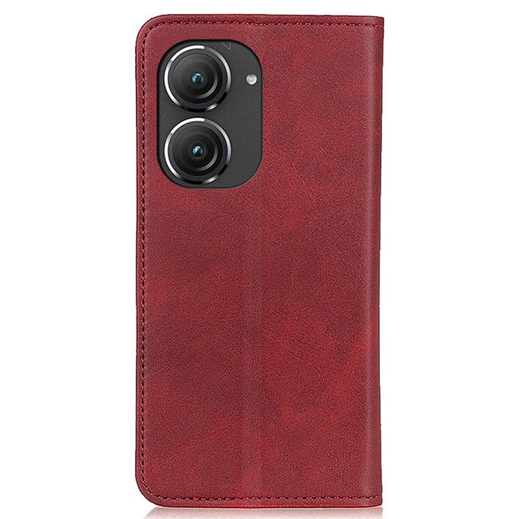 For Asus Zenfone 9 5G Magnetic Auto-absorbed Split Leather Phone Case Anti-drop Protection Stand Wallet Cover - Red