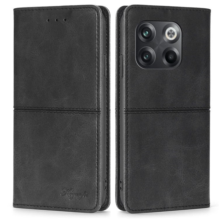 For OnePlus 10T 5G / Ace Pro 5G Anti-fall Phone Case Magnetic Auto-absorbed PU Leather Cowhide Textured Stand Phone Cover with Card Slots - Black