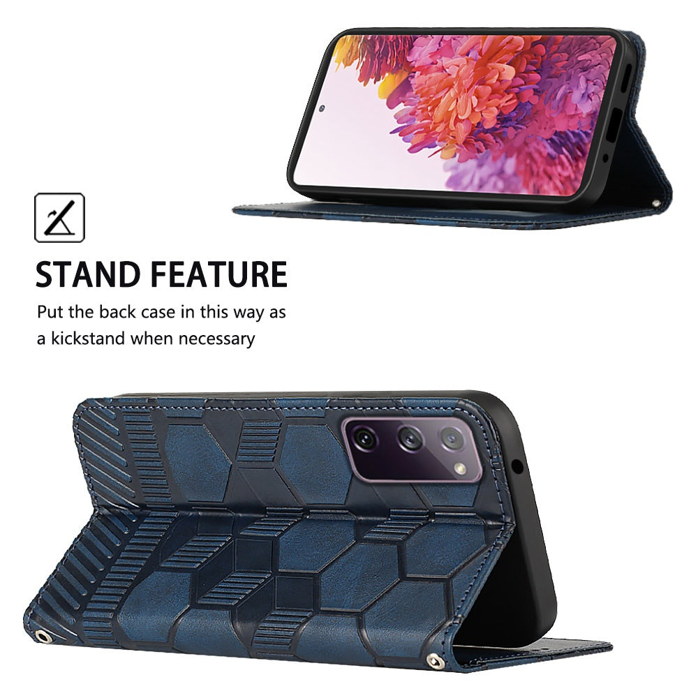 YB Imprinting Series-5 For Samsung Galaxy S20 FE / S20 FE 5G / S20 FE (2022) / S20 Lite Soccer Pattern Imprinted Leather Case Stand Wallet Phone Cover - Sapphire