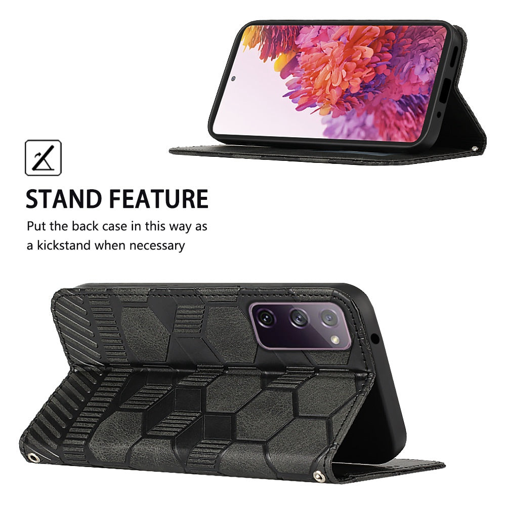 YB Imprinting Series-5 For Samsung Galaxy S20 FE / S20 FE 5G / S20 FE (2022) / S20 Lite Soccer Pattern Imprinted Leather Case Stand Wallet Phone Cover - Black