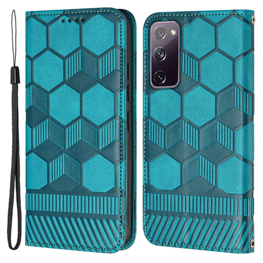 YB Imprinting Series-5 For Samsung Galaxy S20 FE / S20 FE 5G / S20 FE (2022) / S20 Lite Soccer Pattern Imprinted Leather Case Stand Wallet Phone Cover - Blue