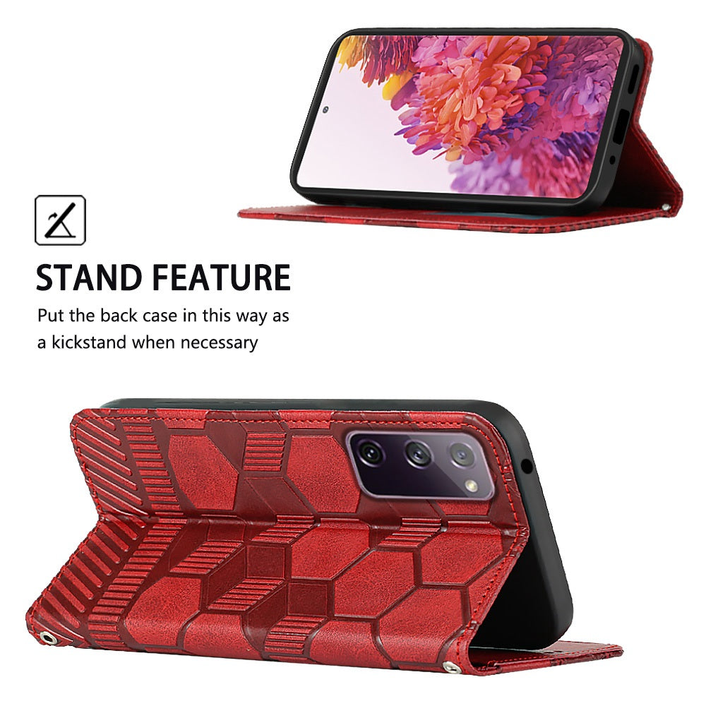 YB Imprinting Series-5 For Samsung Galaxy S20 FE / S20 FE 5G / S20 FE (2022) / S20 Lite Soccer Pattern Imprinted Leather Case Stand Wallet Phone Cover - Red