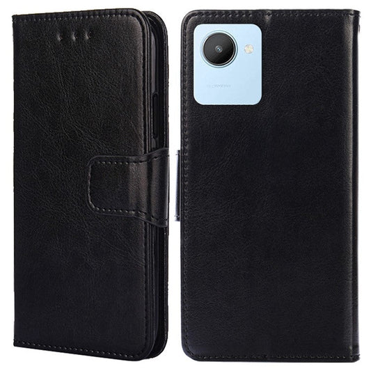 For Realme C30 4G / Narzo 50i Prime 4G Textured Leather Stand Function Phone Cover Flip Folio Phone Wallet Case - Black