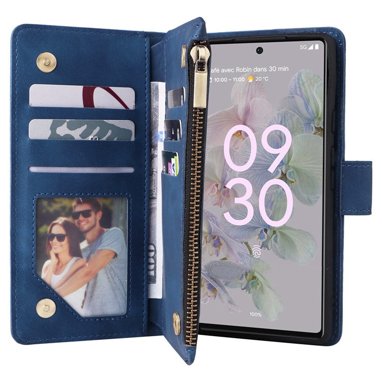 Multiple Card Slots Phone Cover for Google Pixel 6a, PU Leather Wallet Stand Zipper Pocket Shell - Blue