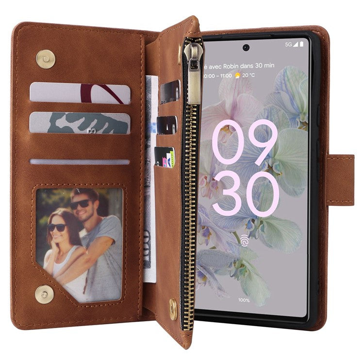 Multiple Card Slots Phone Cover for Google Pixel 6a, PU Leather Wallet Stand Zipper Pocket Shell - Brown