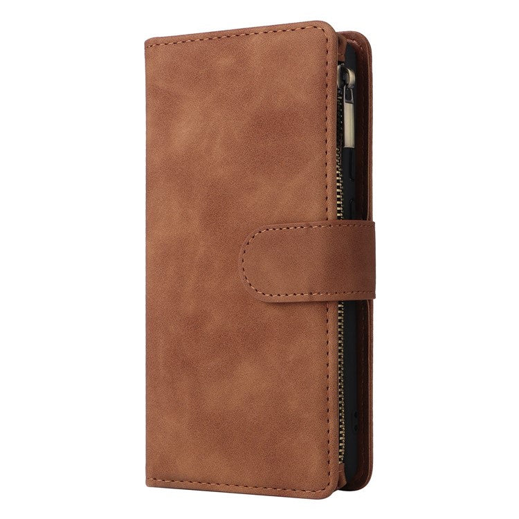 Multiple Card Slots Phone Cover for Google Pixel 6a, PU Leather Wallet Stand Zipper Pocket Shell - Brown