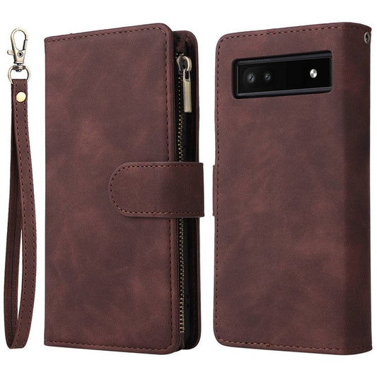 Multiple Card Slots Phone Cover for Google Pixel 6a, PU Leather Wallet Stand Zipper Pocket Shell - Coffee