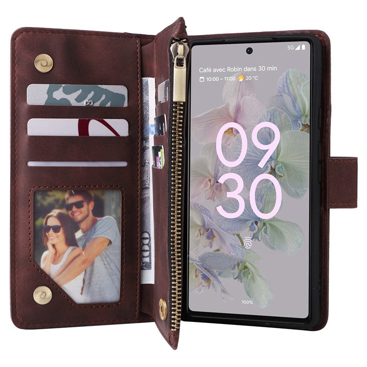 Multiple Card Slots Phone Cover for Google Pixel 6a, PU Leather Wallet Stand Zipper Pocket Shell - Coffee