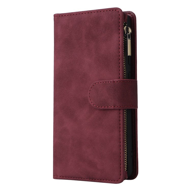 Multiple Card Slots Phone Cover for Google Pixel 6a, PU Leather Wallet Stand Zipper Pocket Shell - Wine Red
