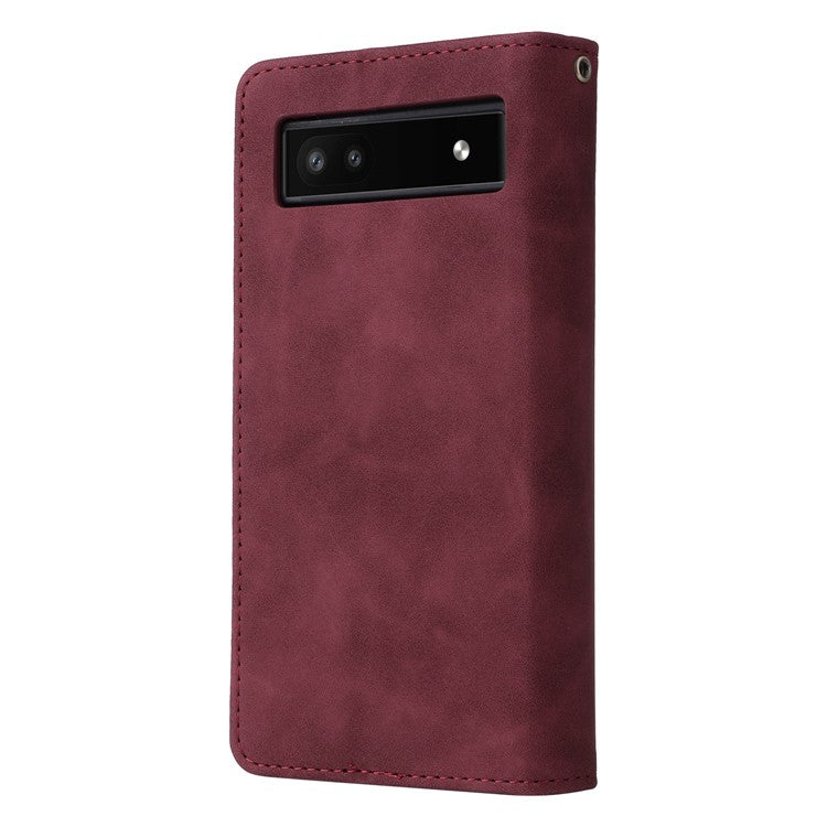 Multiple Card Slots Phone Cover for Google Pixel 6a, PU Leather Wallet Stand Zipper Pocket Shell - Wine Red