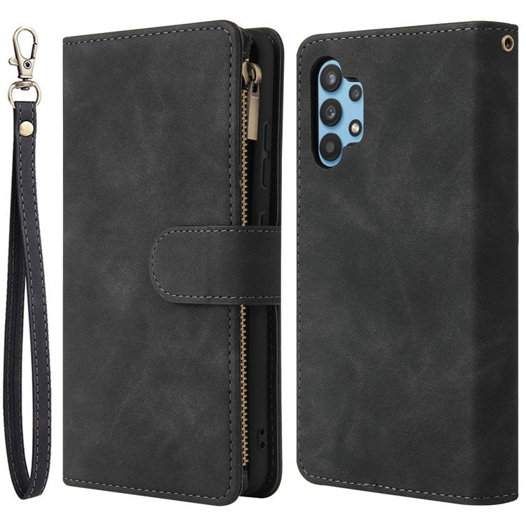 For Samsung Galaxy A32 4G (EU Version) Multiple Card Slots Zipper Pocket Leather Phone Case Stand Wallet Cover - Black