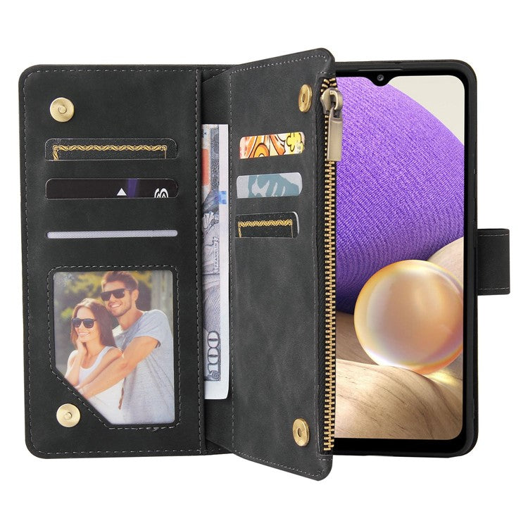 For Samsung Galaxy A32 4G (EU Version) Multiple Card Slots Zipper Pocket Leather Phone Case Stand Wallet Cover - Black