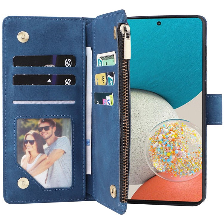 For Samsung Galaxy A53 5G Multiple Card Slots Drop-proof Case Leather Wallet Stand Folio Flip Phone Cover with Zipper Pocket - Blue